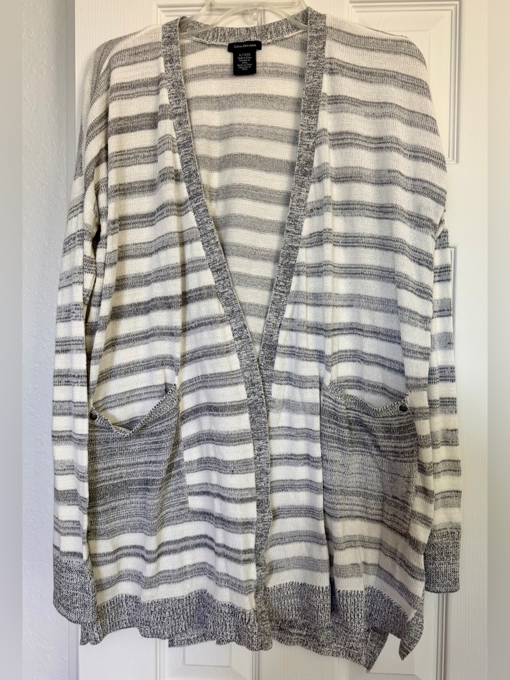 Calvin Klein CozyStriped Open Front Cardigan - White & Gray